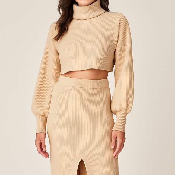 Moodie Beige Ribbed Knit Sweater Set Turtleneck Crop Top & Skirt Size Medium - Picture 1 of 10